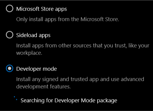 Stuck to "searching for developer mode package". 00720212-6c69-483f-88ed-c1108abc6724?upload=true.png