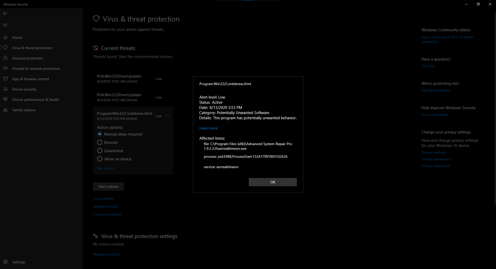 Windows Defender finds Threats but doesn't remove/quarantine a PUA and a Virus 01fcb0ad-21a2-4b01-8b04-9a07ced3172f?upload=true.png
