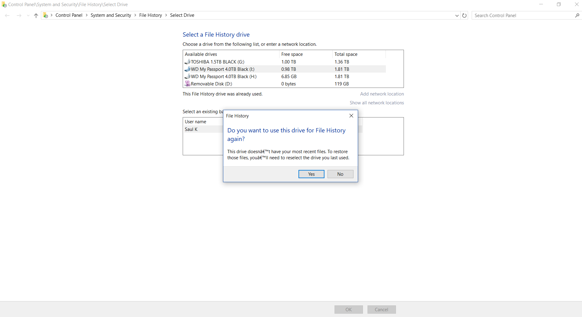 Unable to re-engage File History backup.  Error: Reselect your File History drive -We found... 02ad2bc9-eff5-4c2f-a44a-d3d9234d9f27?upload=true.png