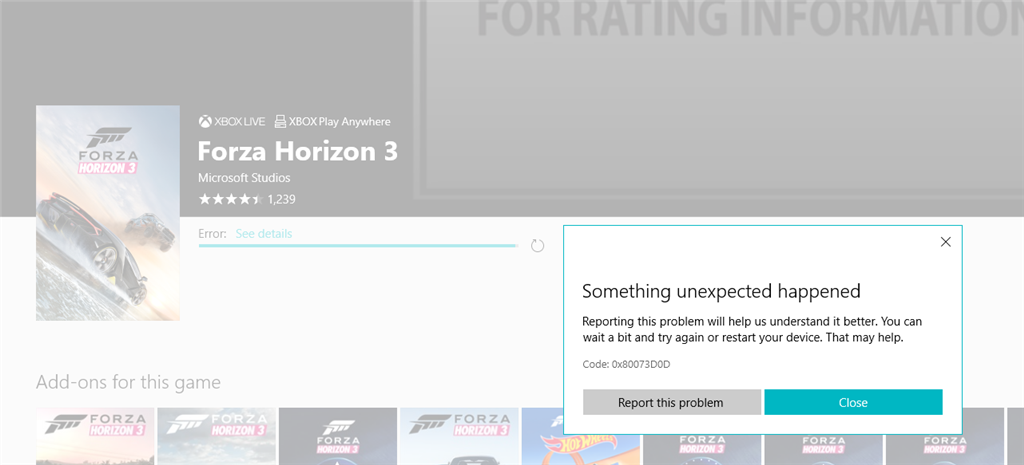 Forza Horizon 4 cannot be downloaded due to Microsoft Store download error 0x80073D0D. 033ebc73-0b61-4e51-8e63-0d810118bead.png