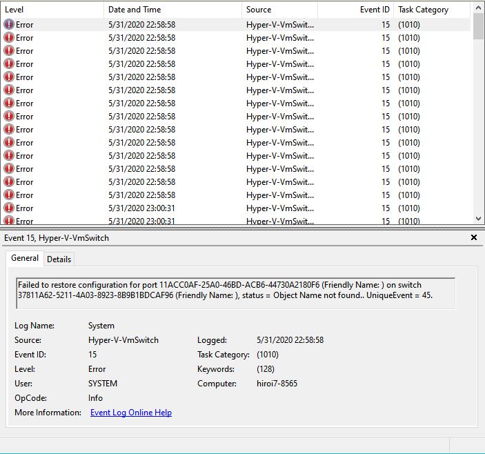 “Hyper-V-VmSwitch EVENT ID 15 Failed to restore configuration for port” upon updating 2004 045487a0-0d85-4589-9d27-3f81865595bc?upload=true.jpg