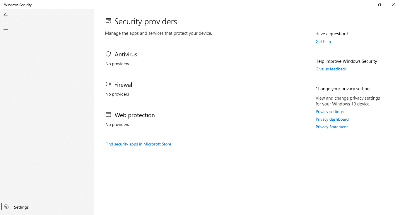 Windows defender is not displaying any security providers for both antivirus, firewall and... 056e6e9c-4de4-4b01-af27-e8ab8ab91a6d?upload=true.png