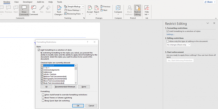 Why is styling missing for an IIS site when using one service account but styling exists... 058d1676853257t-built-styles-review-protect-restrict-editing-1-limit-formatting-selection-styles.png