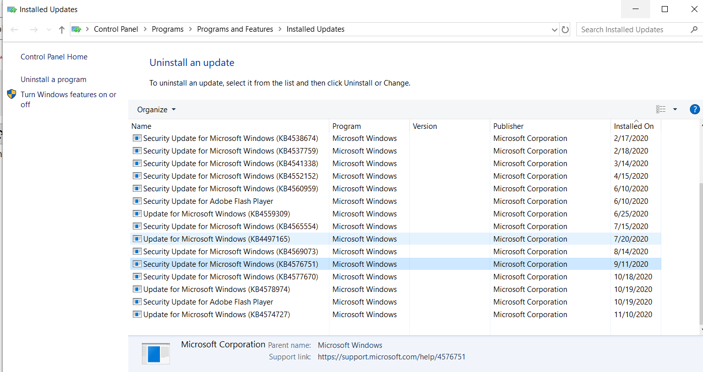 Unable to uninstall security update KB4576751 05c9af29-24d2-44c8-a73c-f1b946fc4914?upload=true.png