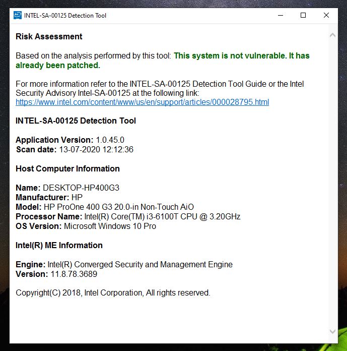 Updated INTEL Management Engine Firmware v 11.8.78.3689 Dated 09-07-2020 without problems... 0616ec9b-3e3b-4e0f-bb49-2f9a6c3e9a7e?upload=true.jpg