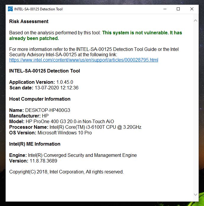 Updated INTEL Management Engine Firmware v 11.8.78.3689 Dated 09-07-2020 without problems... 0616ec9b-3e3b-4e0f-bb49-2f9a6c3e9a7e?upload=true.jpg