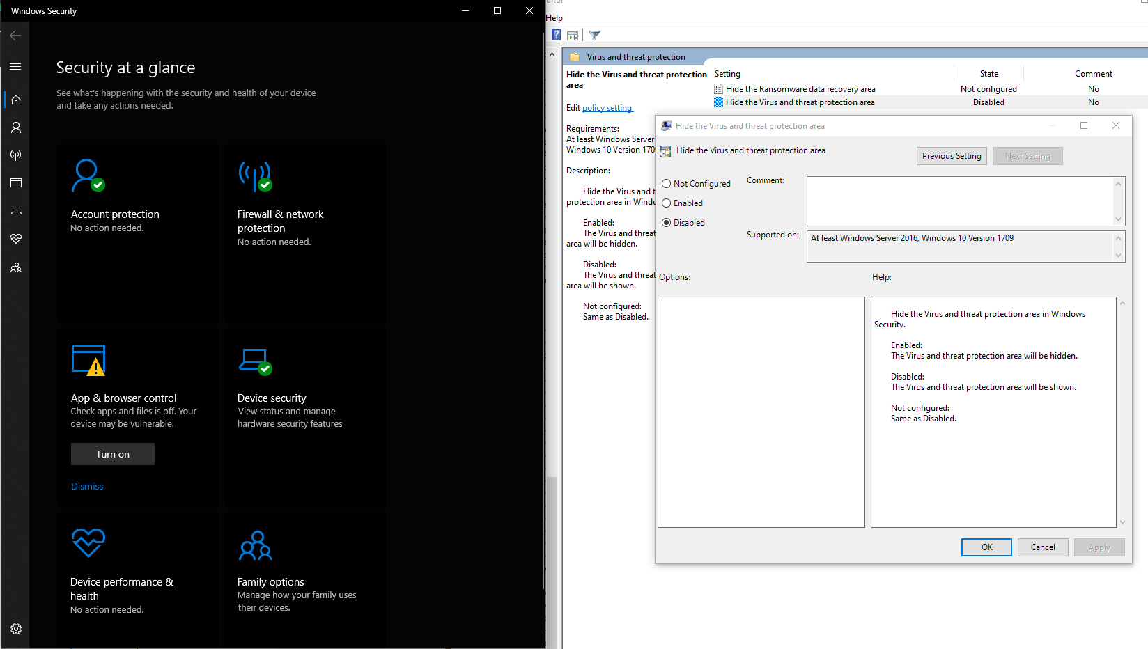 Virus and Threat Protection area still locked after changing Group Policy 06a4414a-974a-496a-bf22-25be67b5e9ee?upload=true.png