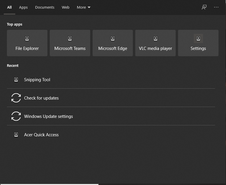 The logos of the apps in the search Cortana are black squares with an "x" inside. 0706c21c-8d32-4c5b-ad2a-2a434d1381ce?upload=true.png