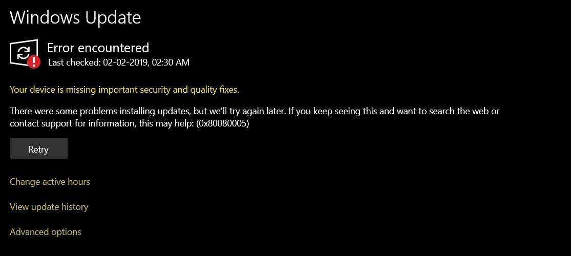 0x80080005 This error occurred after i tried to install new update. 07c4e7e8-830d-4e5a-a357-800f78441494?upload=true.jpg
