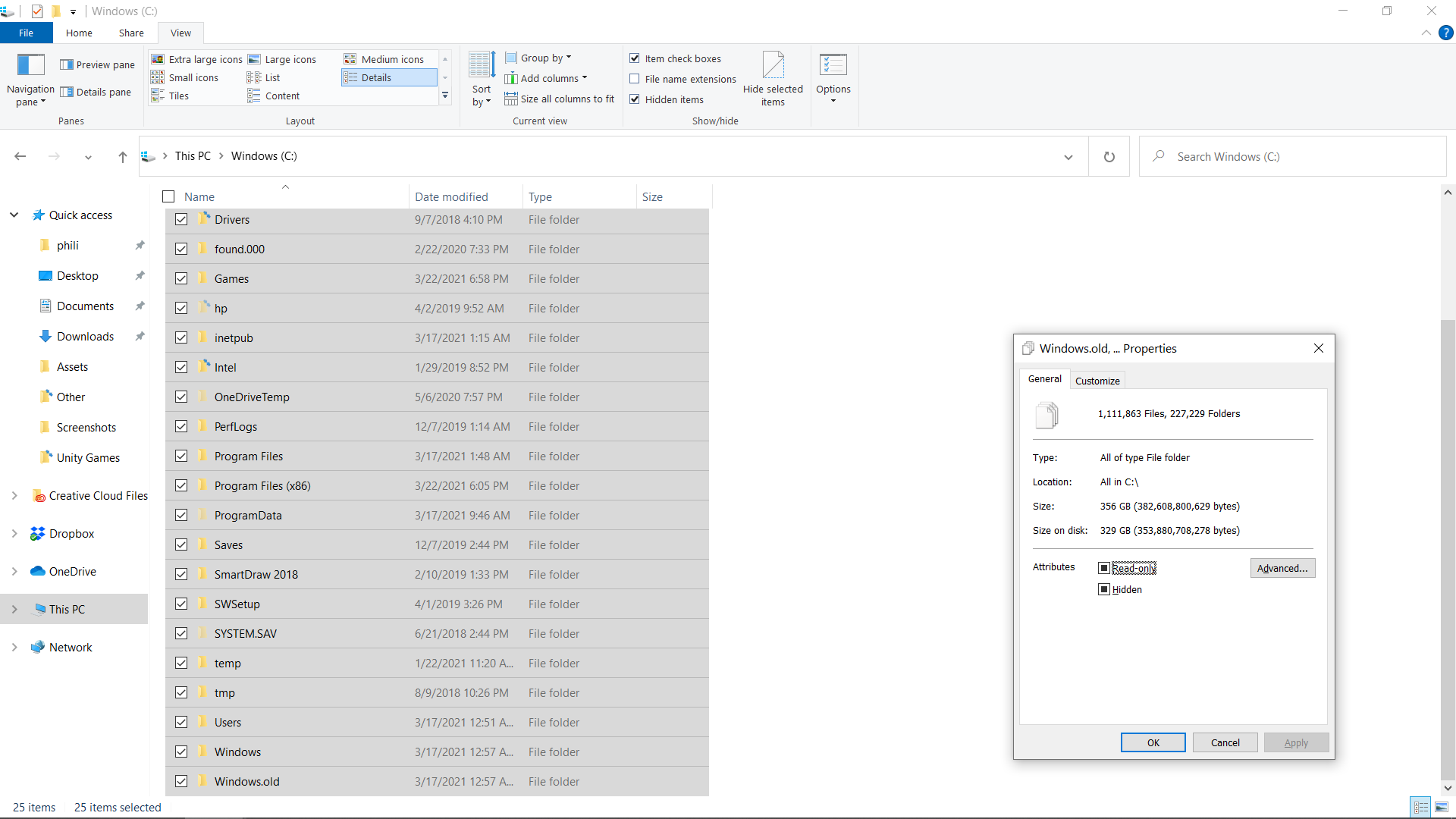 Why is there such a large disparity between the storage space shown available on C: and the... 07cc510d-e272-43fb-aa3a-a3adda7cba34?upload=true.png