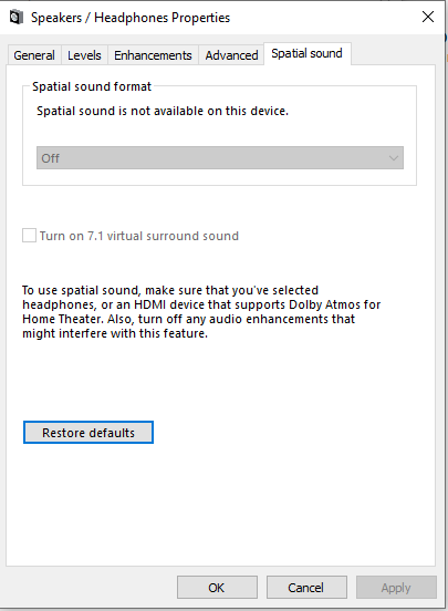why is spatial sound not available and what is wrong with the sound device ????? 0a193908-e0b5-4196-8ad7-6a657f1ccd8f?upload=true.png