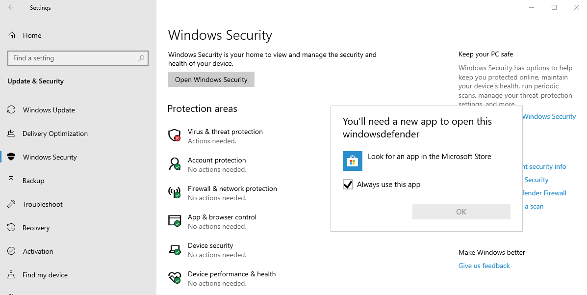 Windows Security error message "You'll need a new app to open this windowsdefender link" 0ba892a9-b51f-4716-8047-f10c6ffeeaab?upload=true.png