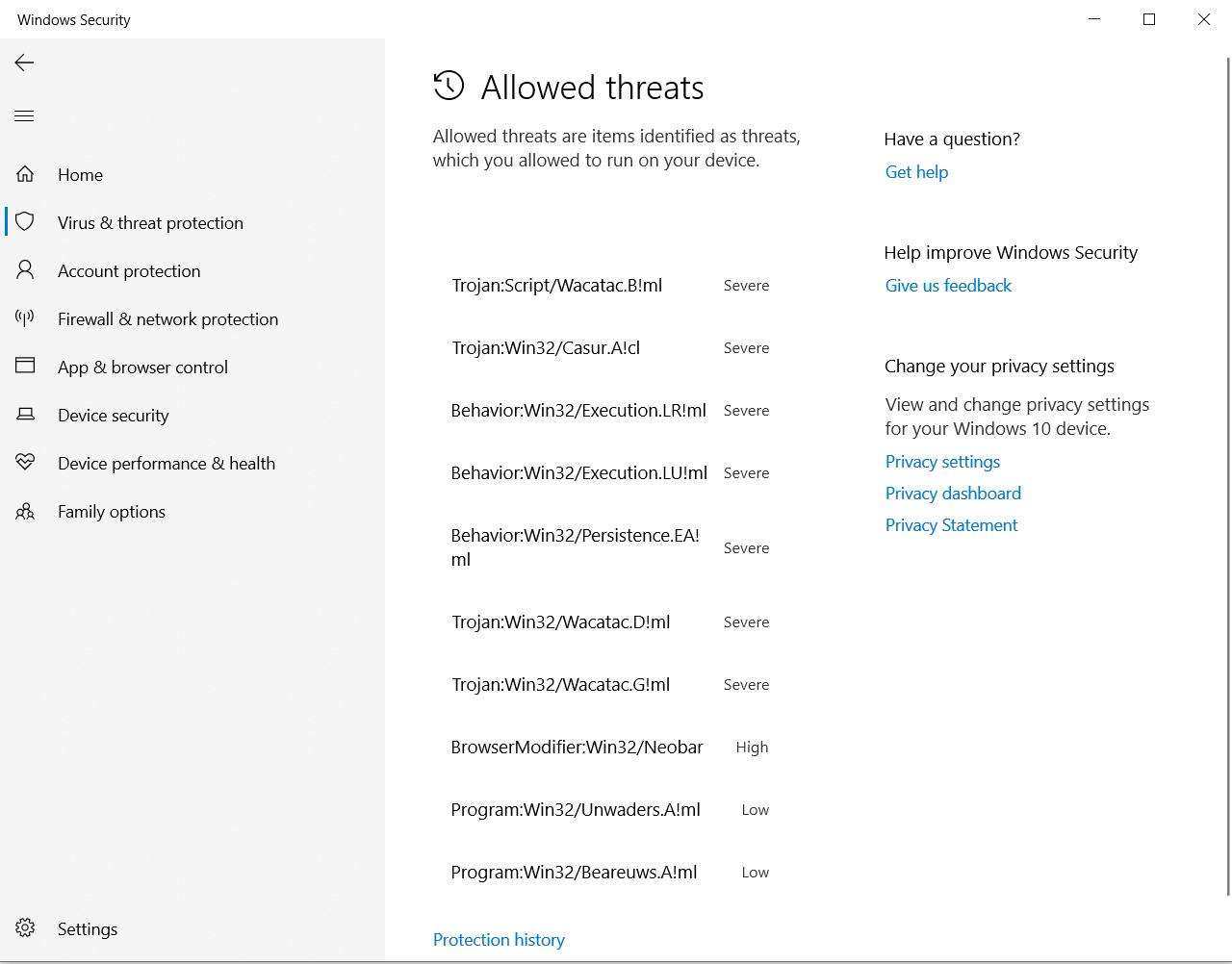 Windows defender allowed threats reappearing in allowed section, greyed out remove button... 0c2aab6a-86f9-4b9c-9542-19f972fd6148?upload=true.png