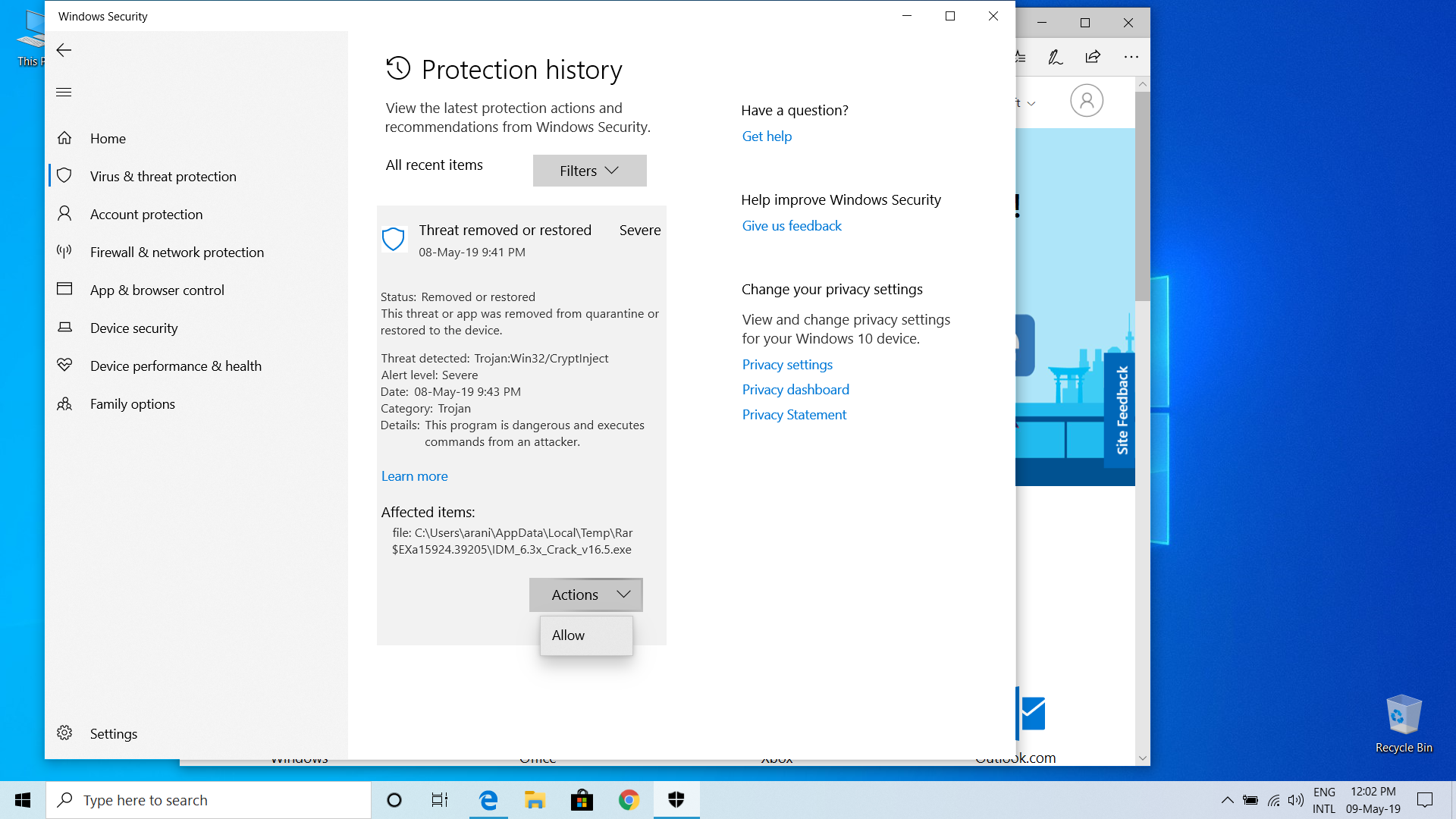Unable to clear protection history manually in windows defender security center in Windows... 0c584b19-e560-410a-8d15-8e2fd3d983a1?upload=true.png