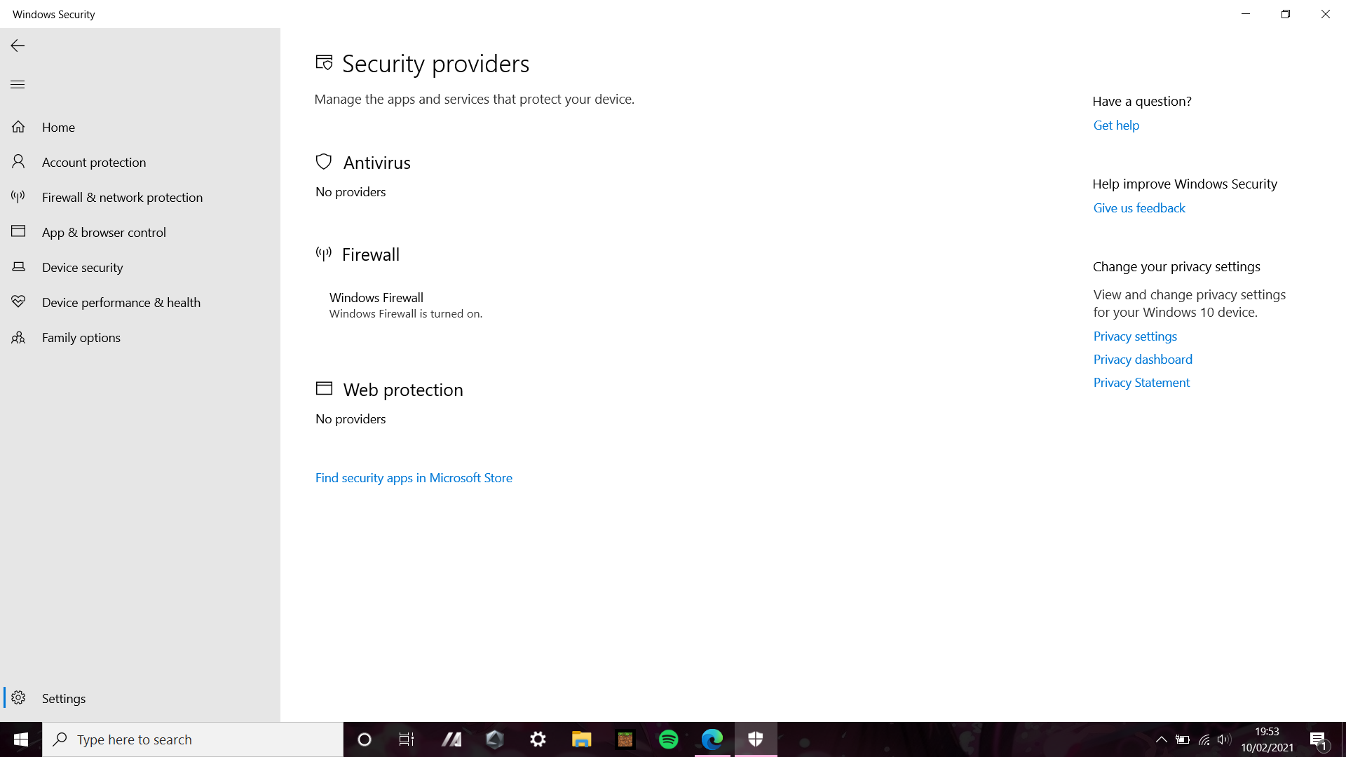 Antivirus not visible on Windows security app and no providers. 0cc50980-0ddd-4585-802f-02fd431f92dd?upload=true.png