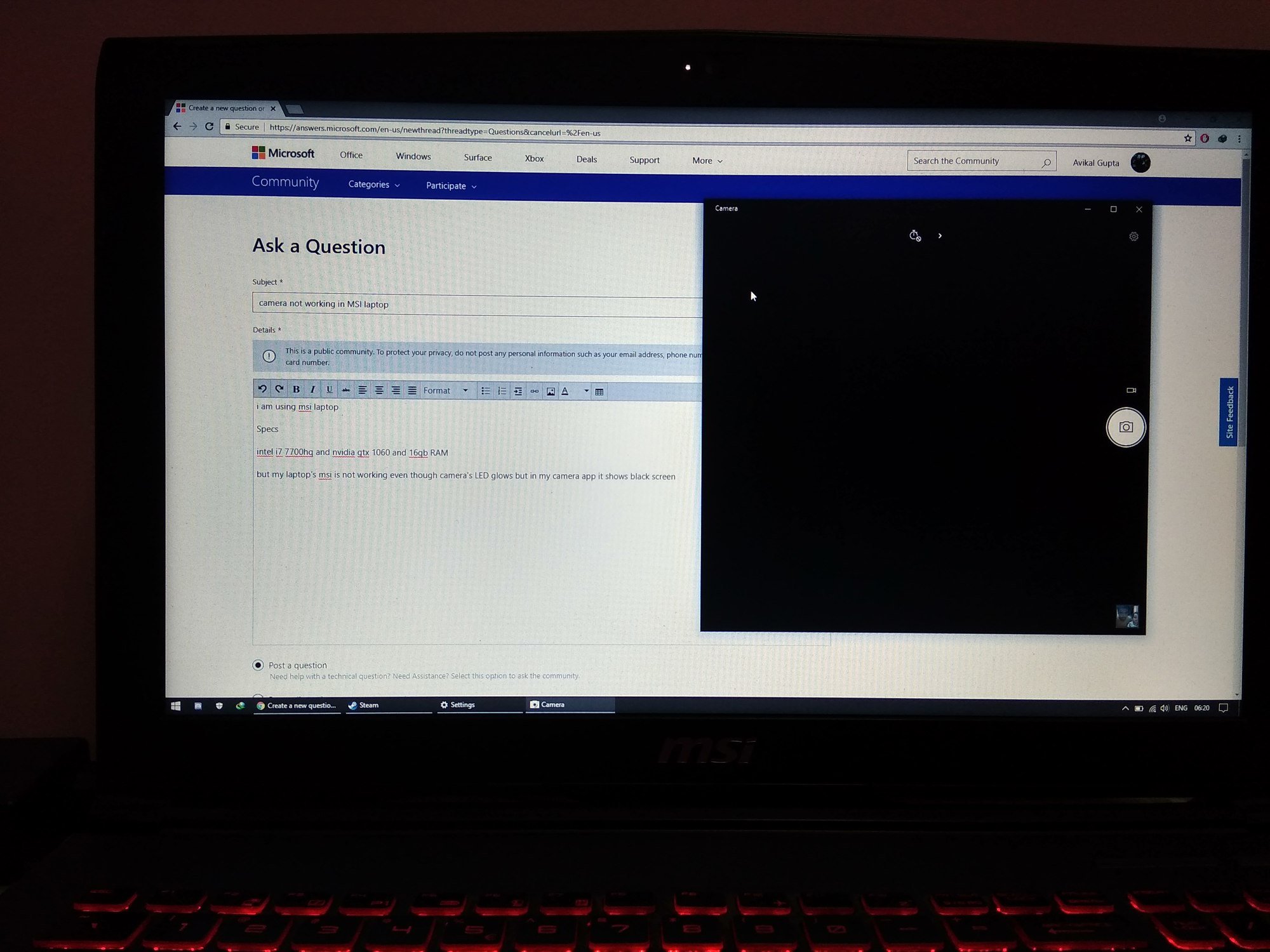 Camera in MSI laptop has Black screen. 0cccf4c3-f0fe-4621-8a03-84a77c64abea?upload=true.jpg