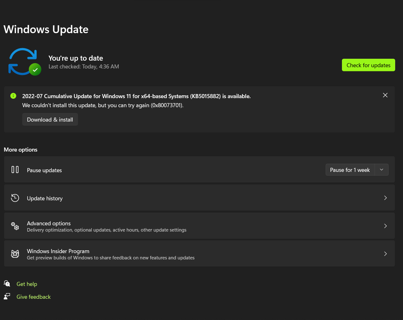 2022-07 Cumulative Update for Windows 11 for x64-based Systems KB5015814 stuck at 0% then... 0cd0e894-1973-4c5c-b307-3fbf2aa52513?upload=true.png