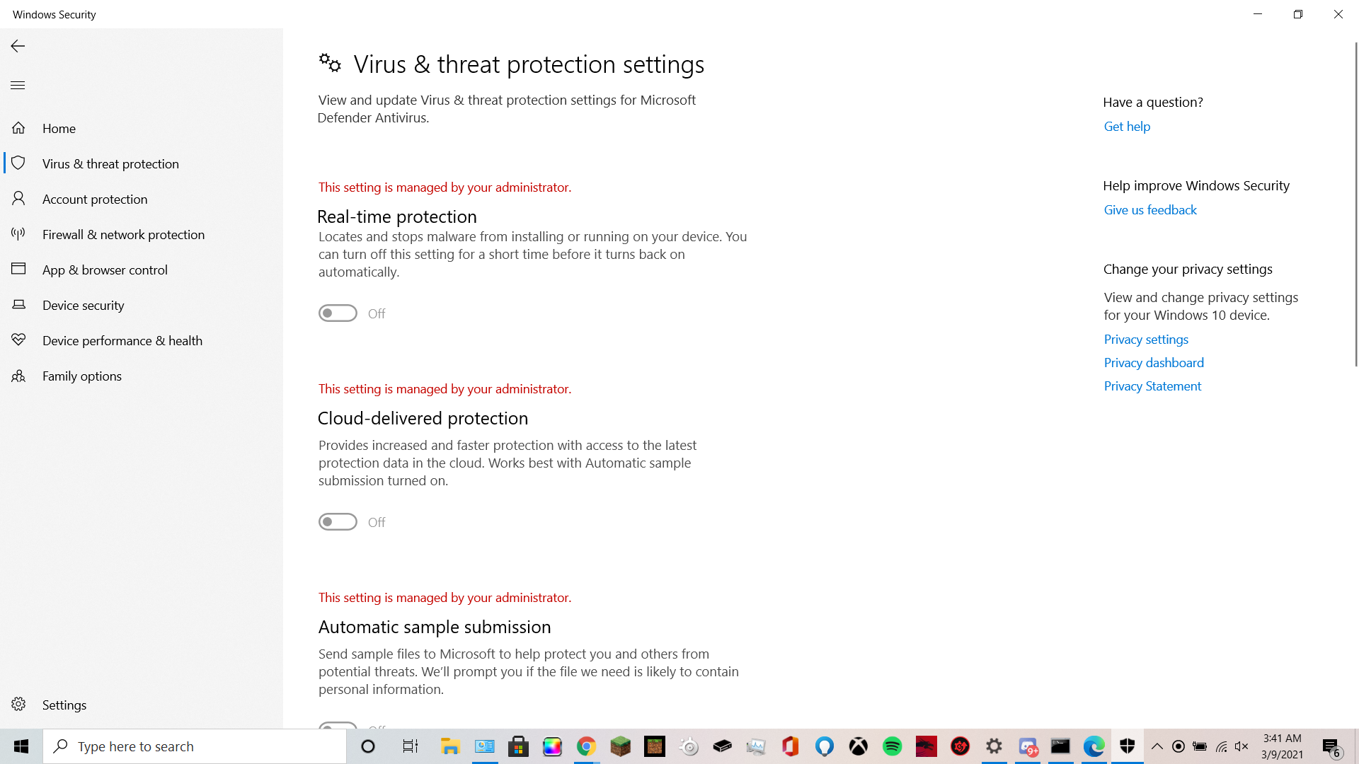 Unable to change Virus & Threat Protection Settings 0da384da-97a8-4097-ab08-a2a54a6ed8fc?upload=true.png