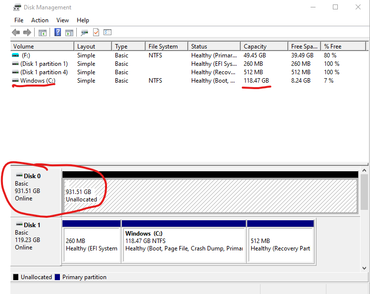 C: drive has only 100 GB of storage available but 931 GB of Space is in an Unallocated Disk... 0e336643-cfed-40d2-a40c-a9c230d1a690?upload=true.png