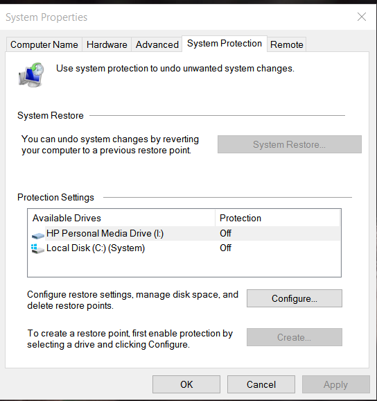 how do I enable system protection to drive c 140d539b-5f2f-4fae-b33d-966cecfbbaa6.png