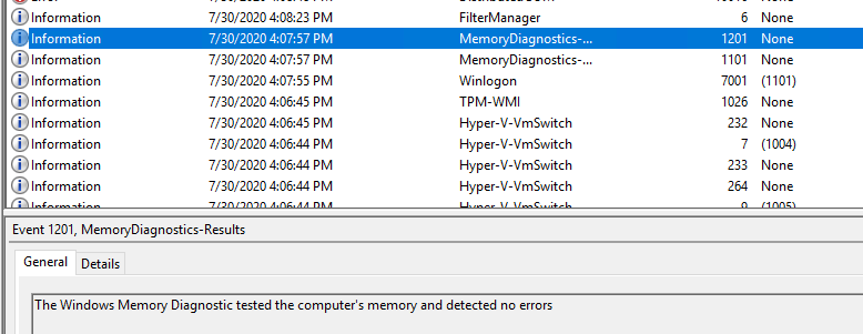 I need help. Event Viewer doesn't show me the results of the Memory Diagnostic tests I ran. 14546c33-8179-4dd8-9bfa-e631eec6a06e?upload=true.png