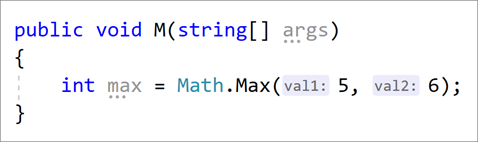 Visual Studio 2019 v16.8 Preview 2 Releases New Features 16.8P2_InlineParameterNameHints.png