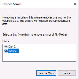 Disk mirror failed redundancy: Remove mirror or reactivate volume? 16225440-a2d7-49af-add2-80a3cfbe300f?upload=true.png