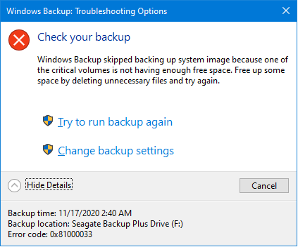 System image backup errors 0x80780119 and 0x81000033 in Windows 10. 1681f595-6786-4096-8e67-913cdf08e267?upload=true.png