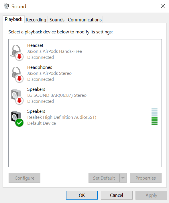 Bluetooth Speaker is connected, but 'disconnected' Sound > Playback settings 168ae2e6-011a-459d-8af2-e4d8180a9851?upload=true.png