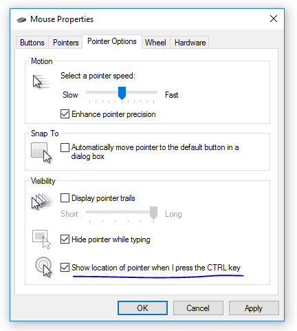 Mouse pointer location is shown when CTRL is pressed despite the option being disabled. 17cd9c2b-29a6-4064-9424-46946211c166.png