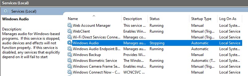 Windows Audio Service went into "stopping" process - will not complete or allow restart. 1862e19f-fd6e-4513-9e7d-61947db1ea20?upload=true.jpg