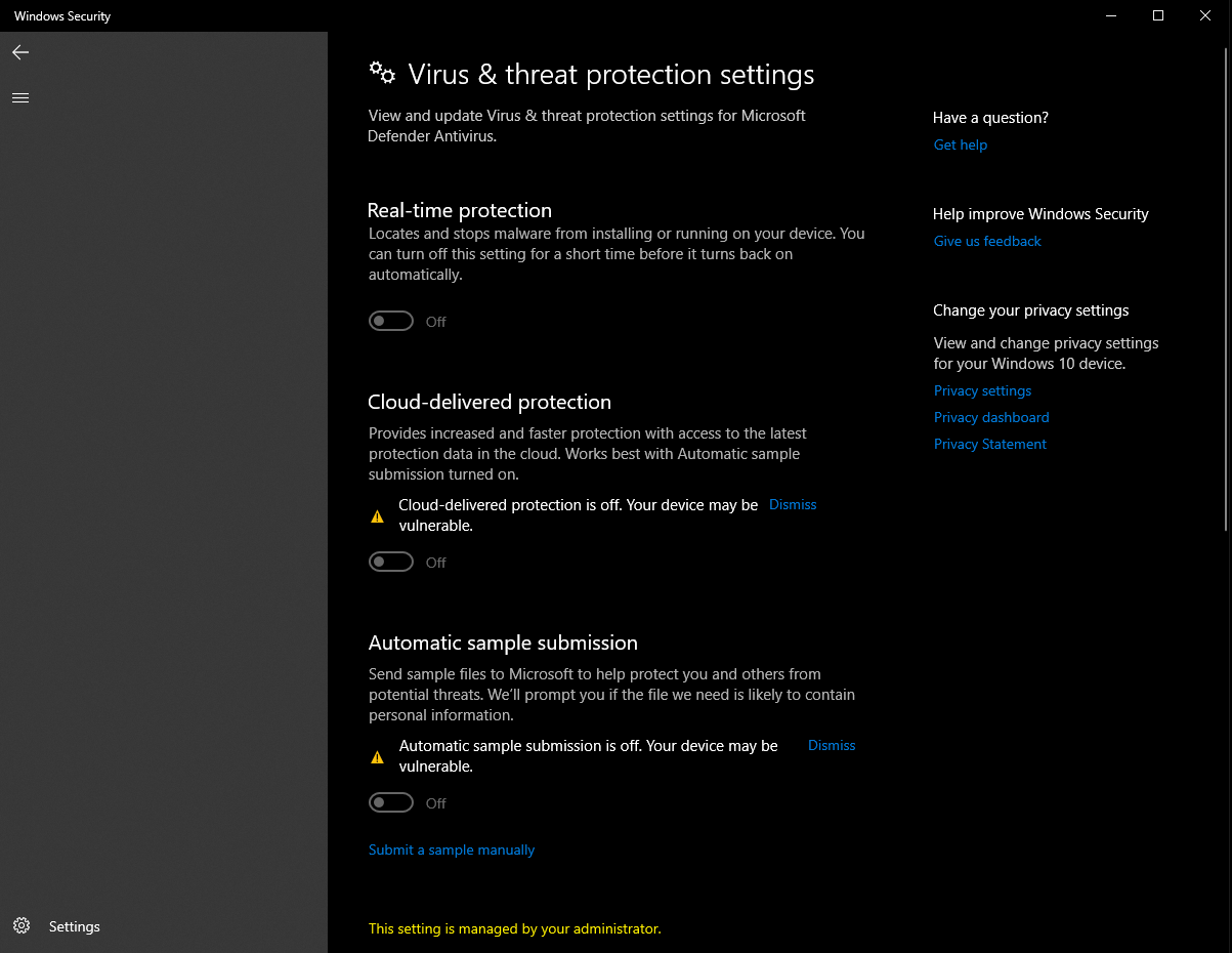 Can't enable the Virus & threat protection settings this setting is managed by your... 1a824f94-9af3-430a-be91-1c6c87a38fb7?upload=true.png