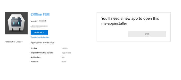 The ms-appinstaller protocol has been disabled? Enable it. 1ab0af5f-f6c2-4176-a6f9-682bb88cd92b?upload=true.png