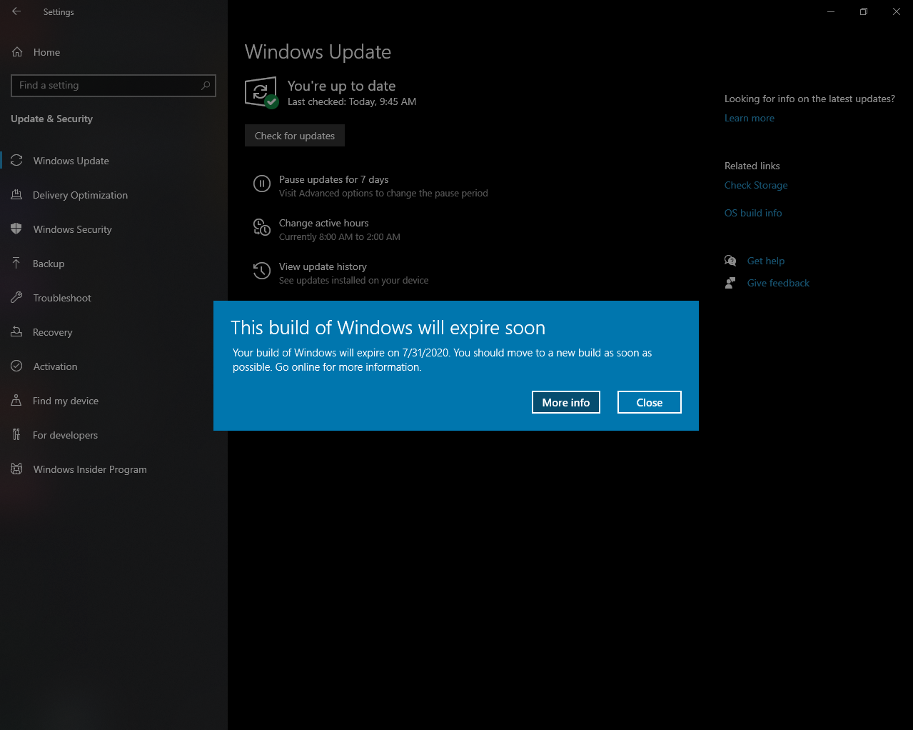 Constantly getting "This build of Windows will expire soon" notifications. 1b82ba03-3e01-4f1e-9f04-d6b13a0bc722?upload=true.png