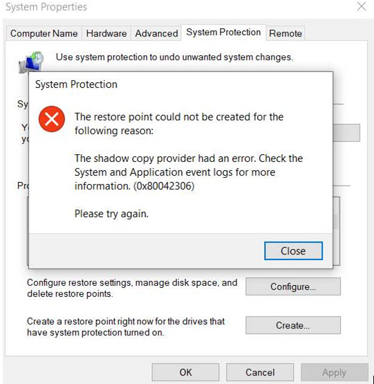 Create restore point fails with VSS error code 0x80042306 in window10 20h2 after upgrade... 1b9a4395-2cb4-4ecc-9fd9-3df832c9bf9a?upload=true.jpg