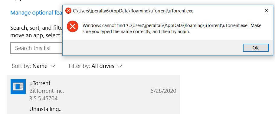 Unable to remove an application in Settings>Uninstall Application 1c23e3ca-1e1b-4752-9cc9-08644ad6bd67?upload=true.jpg