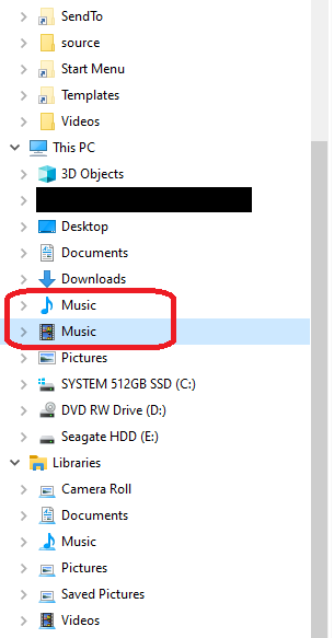 "Music" Library showing up twice under "This PC" 1cae5c75-30e1-4bbd-b289-5bcf57a7baec?upload=true.png