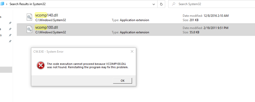 System Error says VCOMP100.DLL is not found, even though it's in my System32 folder 1cb04b77-2fb3-4760-9523-d11bf7916647?upload=true.png