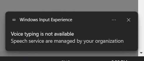 Error: Voice typing is not available, Speech service are managed by your organisation. 1d2628eb-8a50-47b7-aca3-fd5adfbb299b?upload=true.png