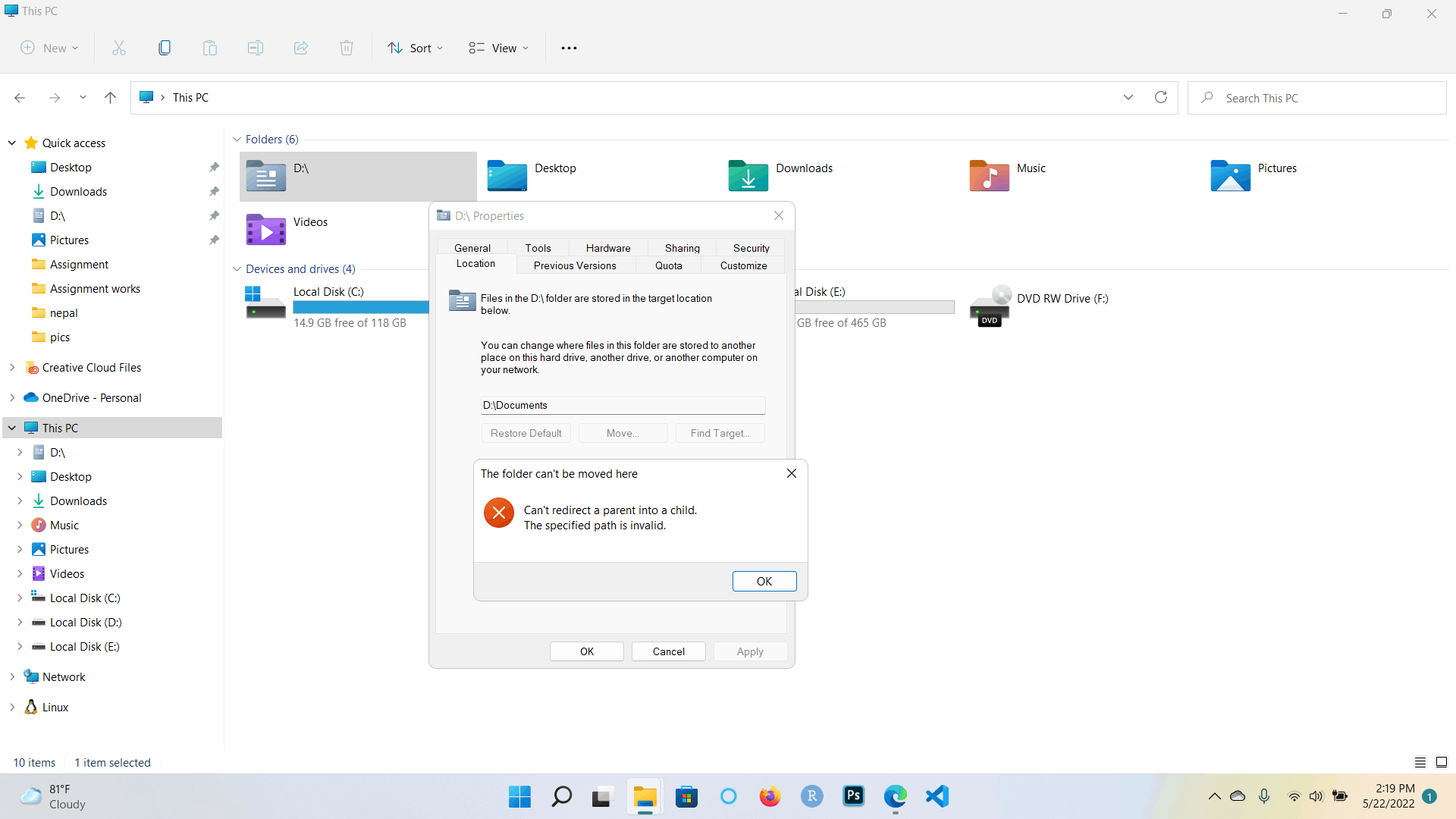 I changed the location of "Document" from C:\Users\user to D:\ and can't undo it 1e3d5d84-4aae-41f6-9693-4a32dc487f85?upload=true.png