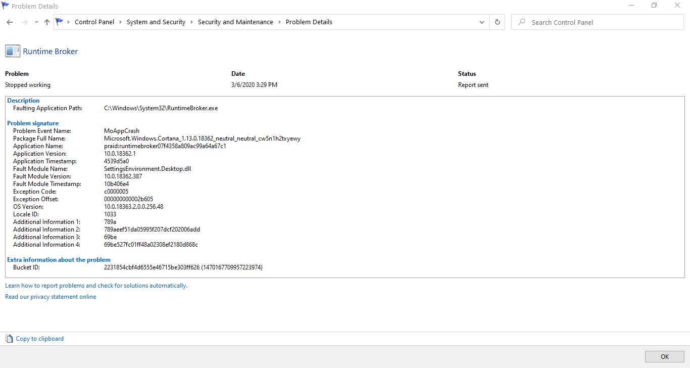 Cortana stoped working, In system reliability history problem description is "MoAppCrash" 1f80e1d6-d400-4bc5-8299-9a82c512b0f4?upload=true.jpg