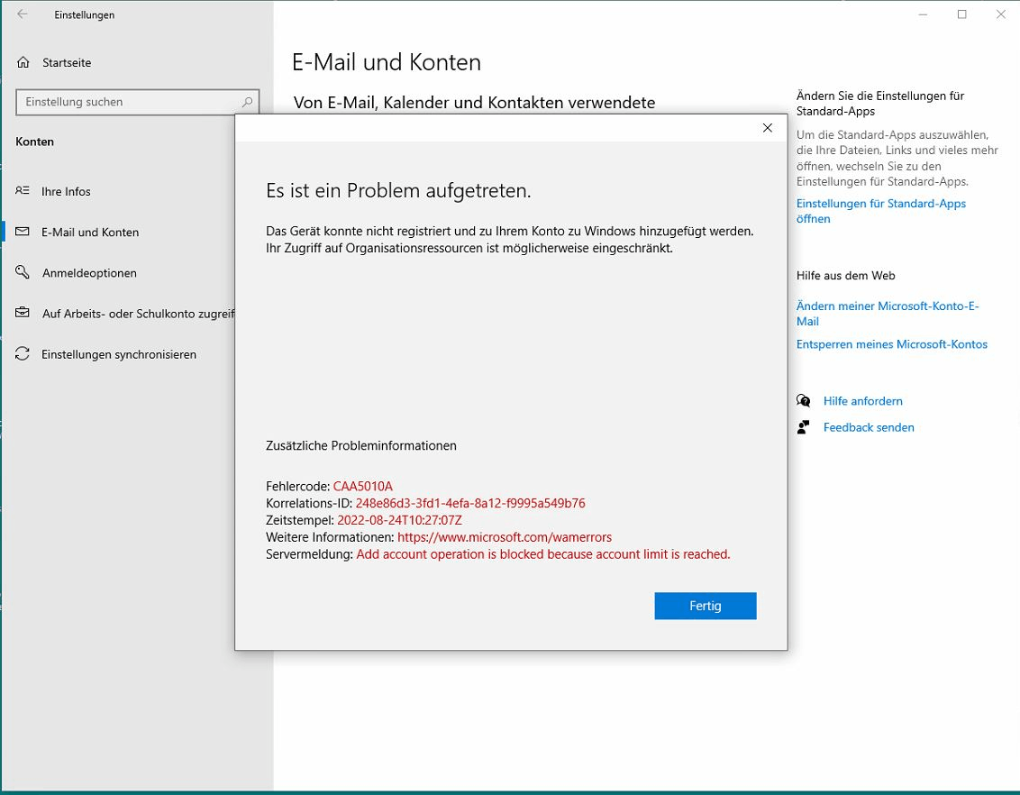 ‎I want to create a 4th Work Account and am getting the error message CAA5010A.‎ 20124462-7391-4187-806f-cc2b56ebf301?upload=true.png