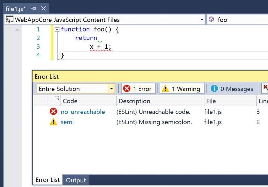 Visual Studio 2017 version 15.8 Preview 3 2018.06.25.15.8Prev3.ESLint.jpg