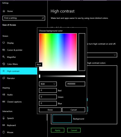 Windows 10 1903 High Contrast Black With Modified Background Color Breaks In Some Apps 211aebbe-96ea-434f-b42c-3fb1d8d5caf6?upload=true.jpg