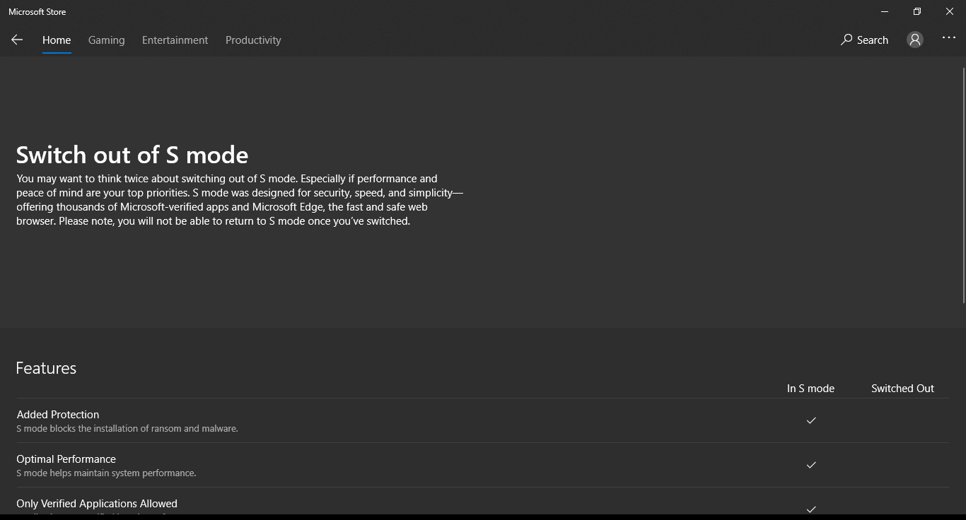 The "Get" button is not there for the "Switch Out Of S Mode" Page 2161d0c8-b383-4755-8842-dc408306885b?upload=true.png
