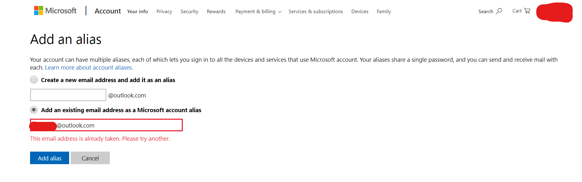 I want to change my email associated with my laptop, but when I try to add an alias it says... 21c8c1bd-aaf2-43a2-966d-0896c2b72af1?upload=true.png