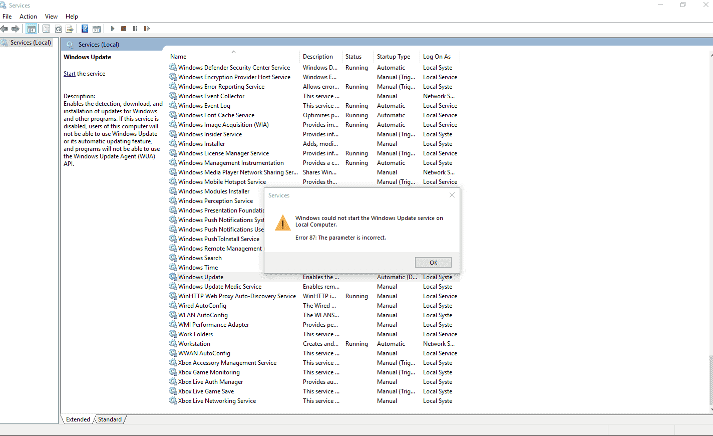 windows update service error 87 : the parameter is incorrect