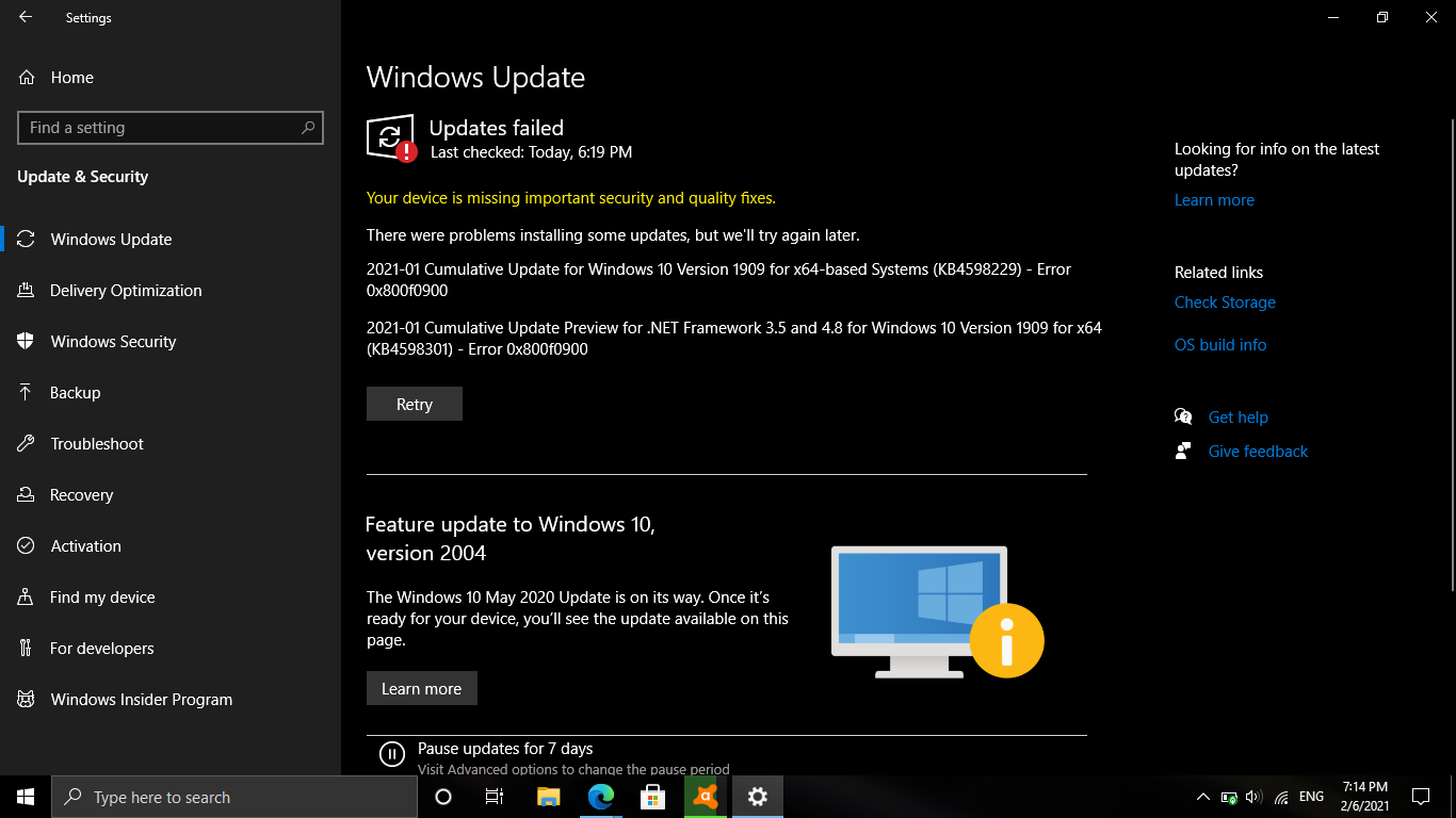 Code 0x800f0900 . There were problems installing some updates, but we'll try again later. 22b4c0a0-e511-470d-9d90-ea2c5c0a4ad2?upload=true.png