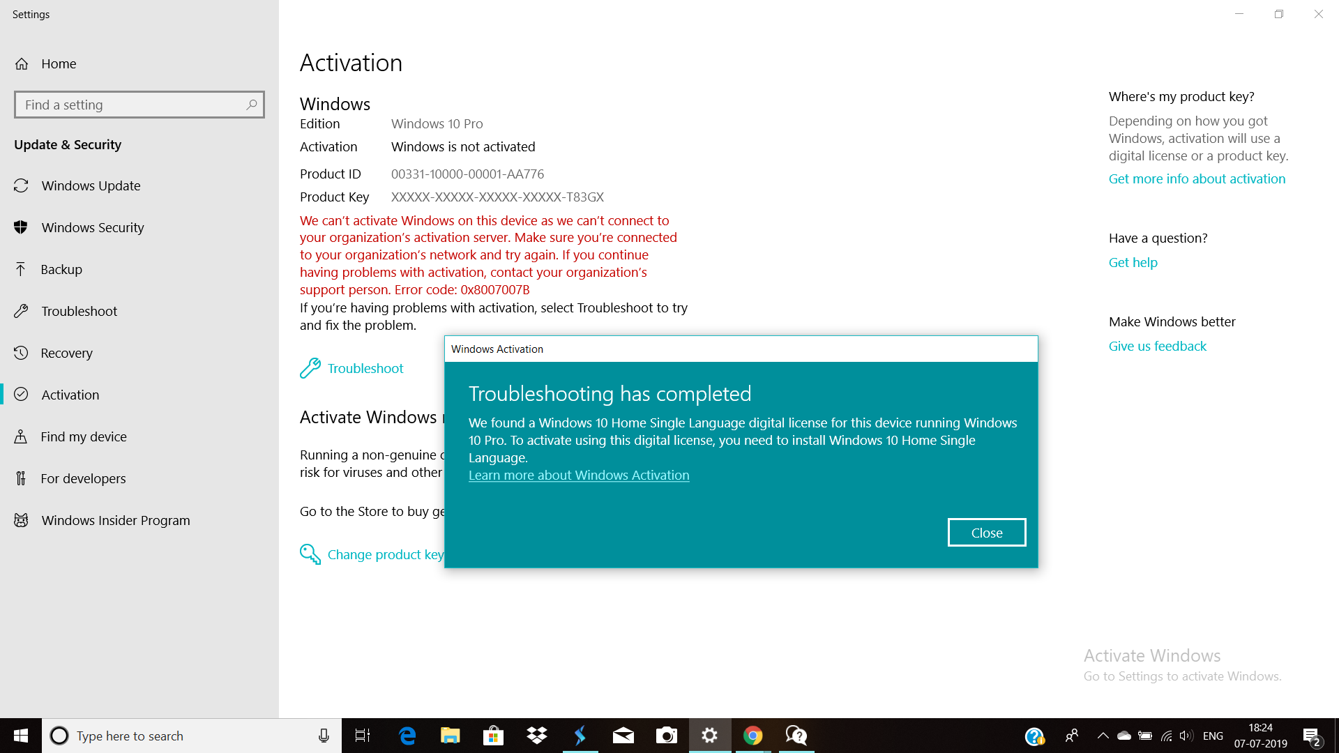 I have a window 10 home single language digital license but pro is installed 24b6fed3-cbe3-4a92-b545-2bd14915e09c?upload=true.png