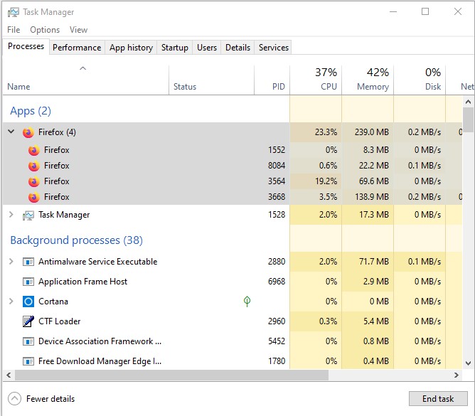 The 'Performance' page of the task manager is stuck, unable to display real-time content 257208d1575125603t-firefox-displayed-too-many-times-task-manager-firefox-processes.jpg